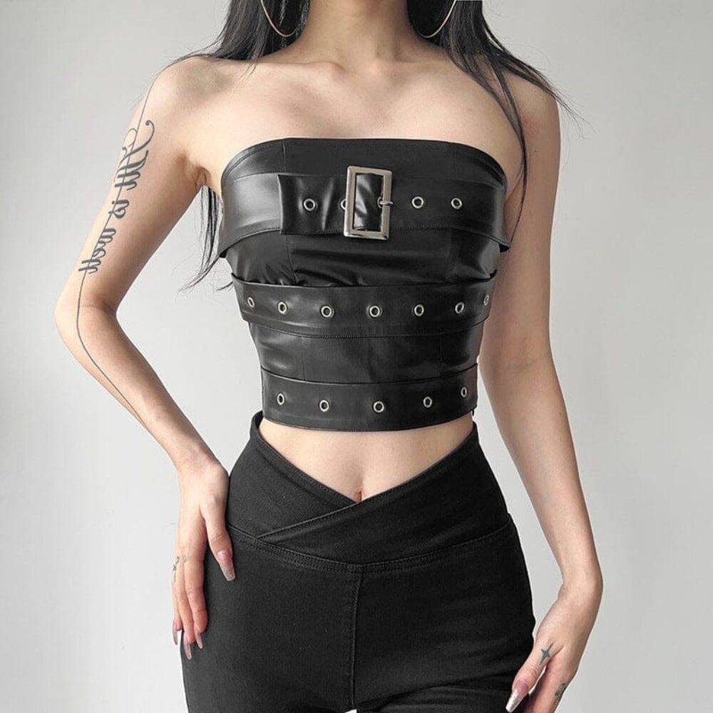 Punk Rock Buckle Up Bustier Top Sz L Stretchy Black Faux Leather Gothic Grommets - Picture 2 of 7